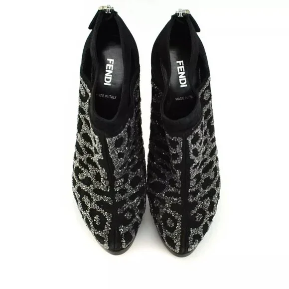Fendi Size 37 Crystal Embellished Black Suede Platform High Heel Ankle Booties